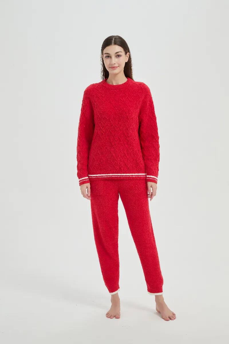 Set Piyama Bulu Wanita Loose Fit Plush Red