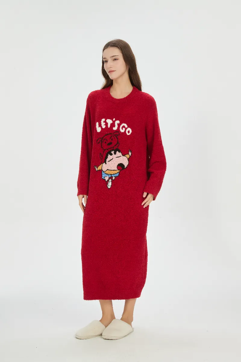 Baju Tidur Bulu Lembut Merah untuk Wanita